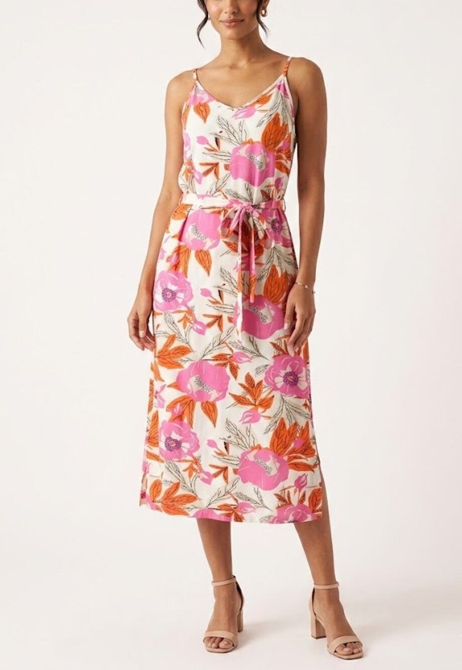 NWT Zilch Floral Midi Dress Sleeveless V-Neck Belted Multicolor Women Size EUR M
